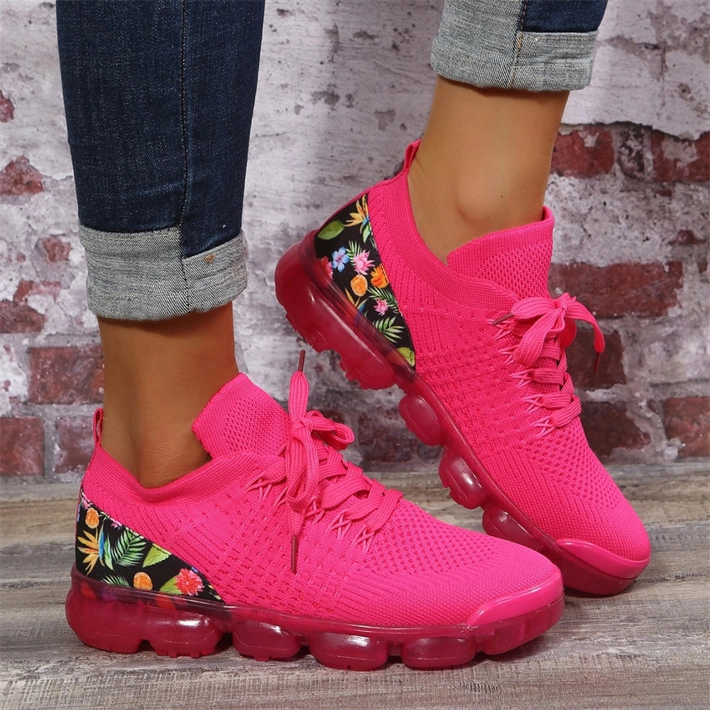 Women's Floral Mesh Sneakers - Pink Sole, Lightweight & Breathable