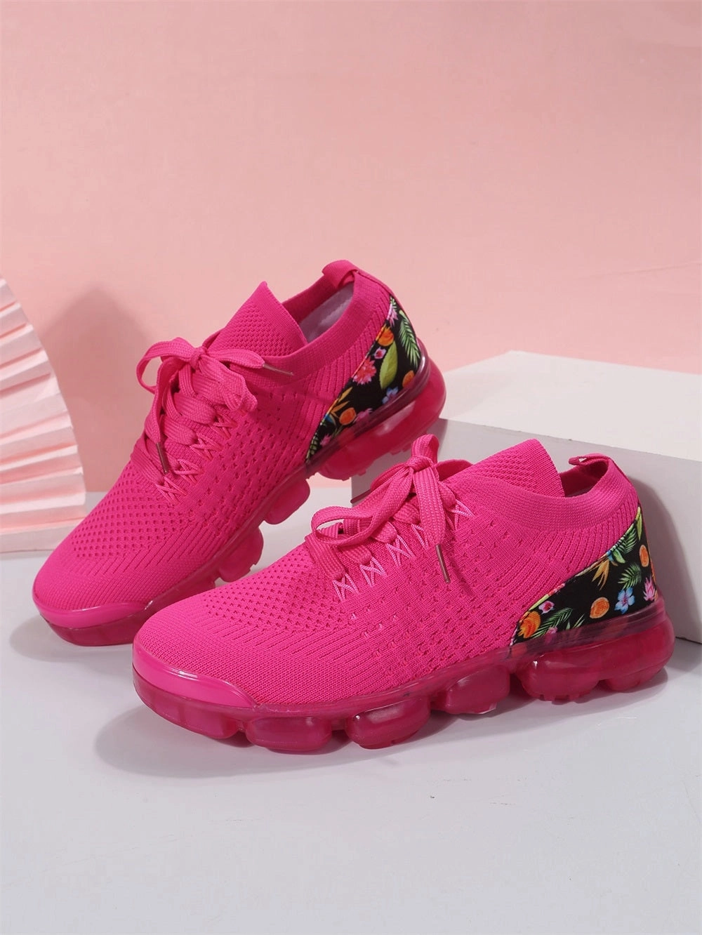 Women's Floral Mesh Sneakers - Pink Sole, Lightweight & Breathable
