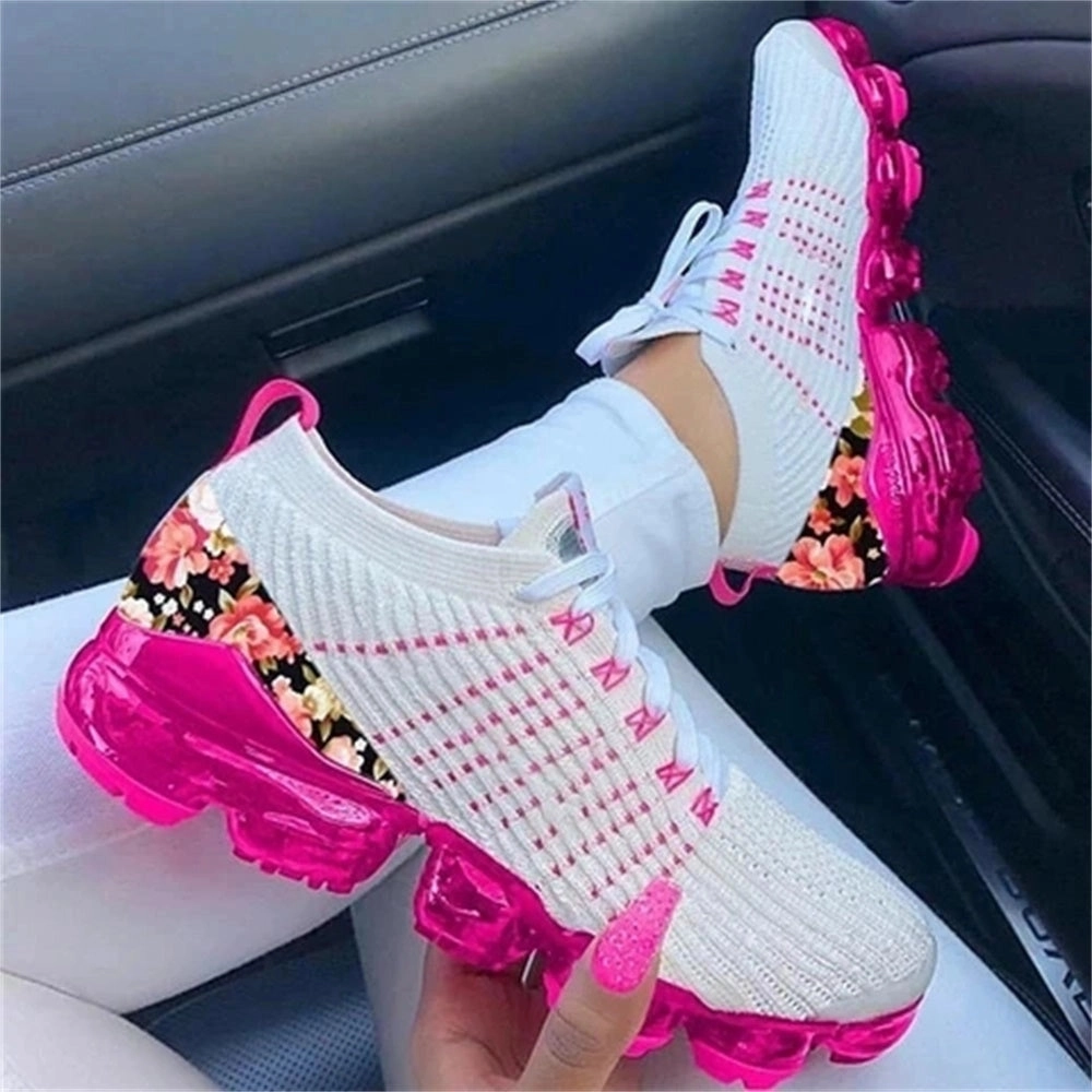 Women's Floral Mesh Sneakers - Pink Sole, Lightweight & Breathable