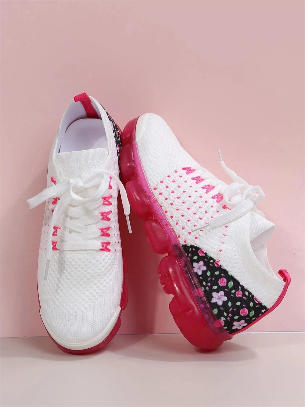 Women's Floral Mesh Sneakers - Pink Sole, Lightweight & Breathable