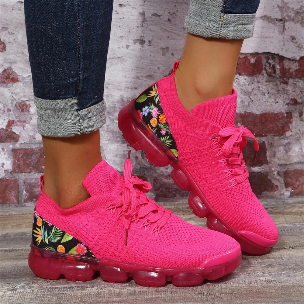 Women's Floral Mesh Sneakers - Pink Sole, Lightweight & Breathable