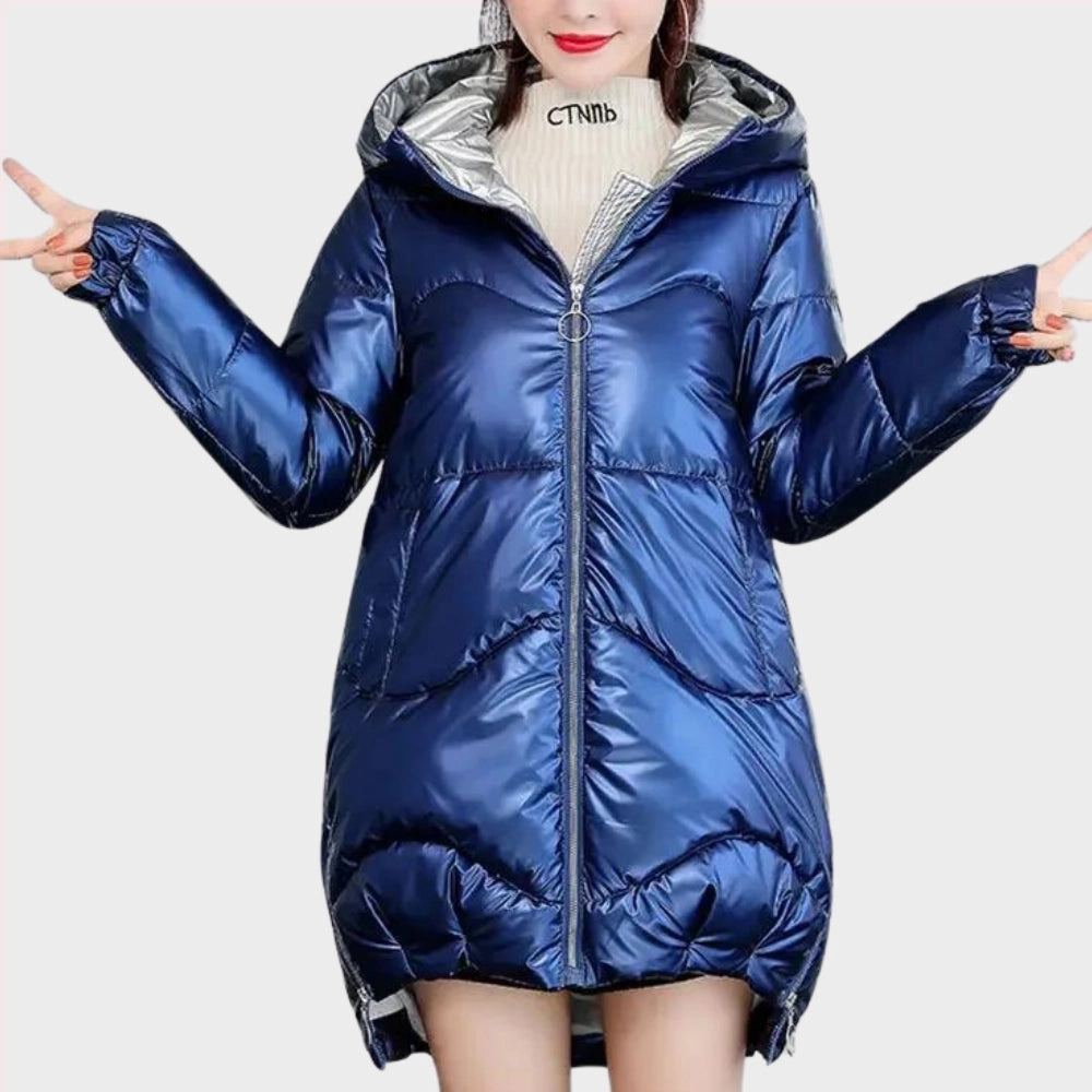 Women's Metallic Blue Hooded Puffer Jacket - Insulated, Lightweight