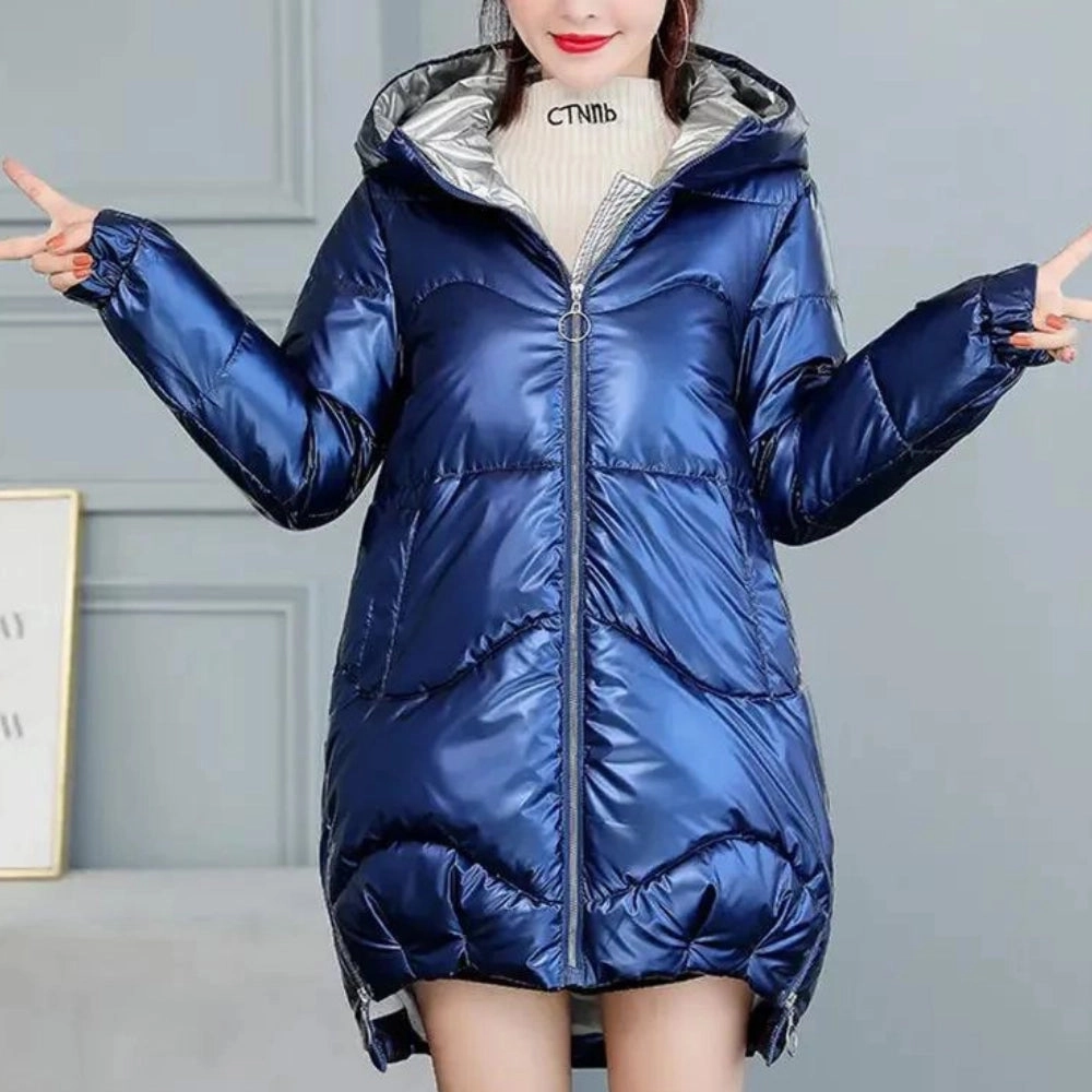 Women's Metallic Blue Hooded Puffer Jacket - Insulated, Lightweight