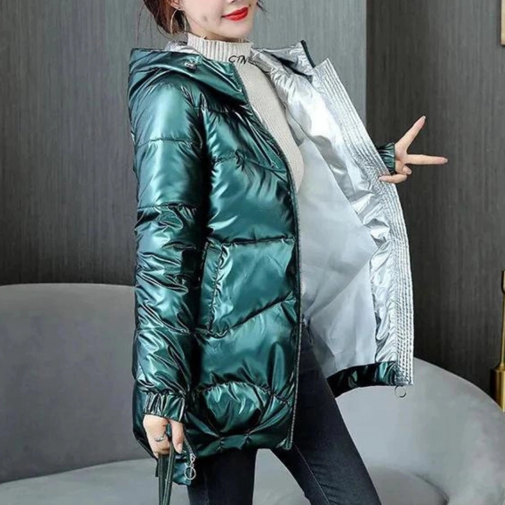 Women's Metallic Blue Hooded Puffer Jacket - Insulated, Lightweight