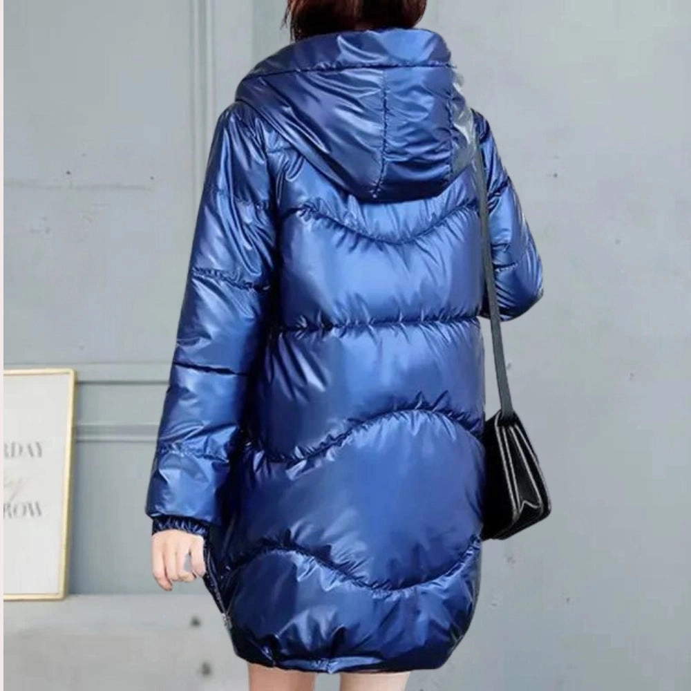 Women's Metallic Blue Hooded Puffer Jacket - Insulated, Lightweight