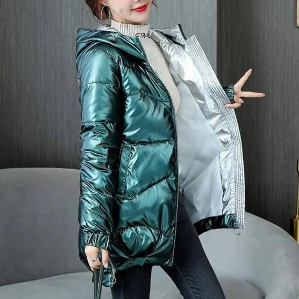Women's Metallic Blue Hooded Puffer Jacket - Insulated, Lightweight