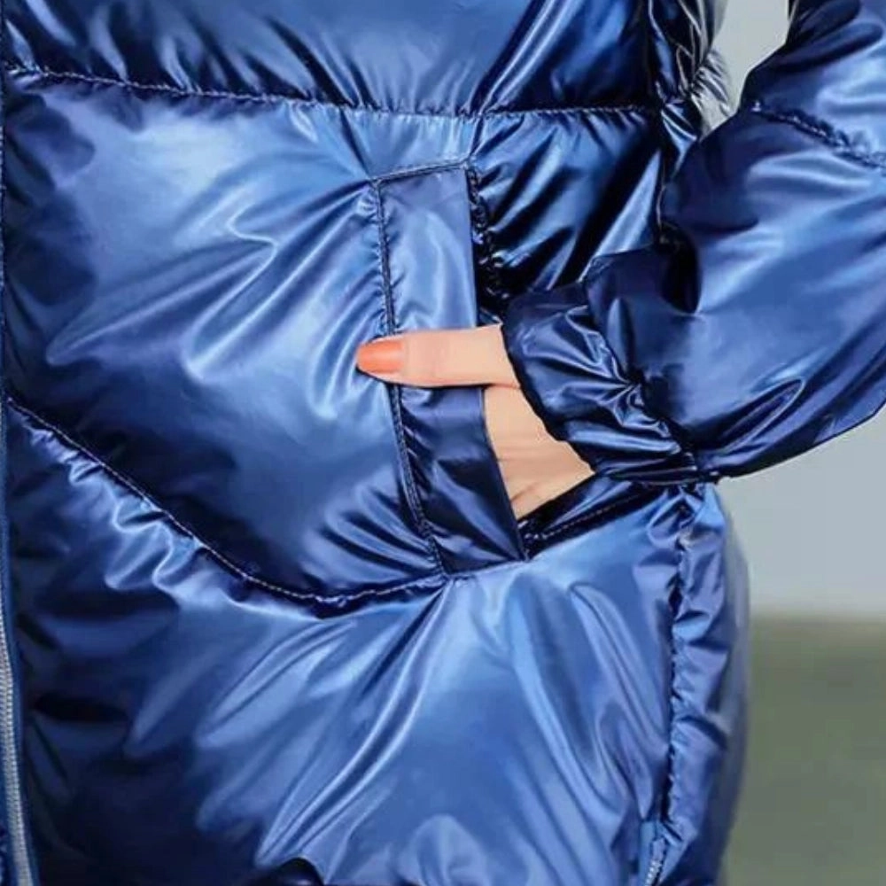 Women's Metallic Blue Hooded Puffer Jacket - Insulated, Lightweight