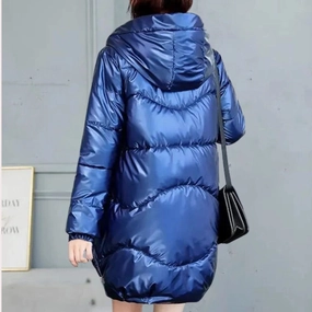 Women's Metallic Blue Hooded Puffer Jacket - Insulated, Lightweight