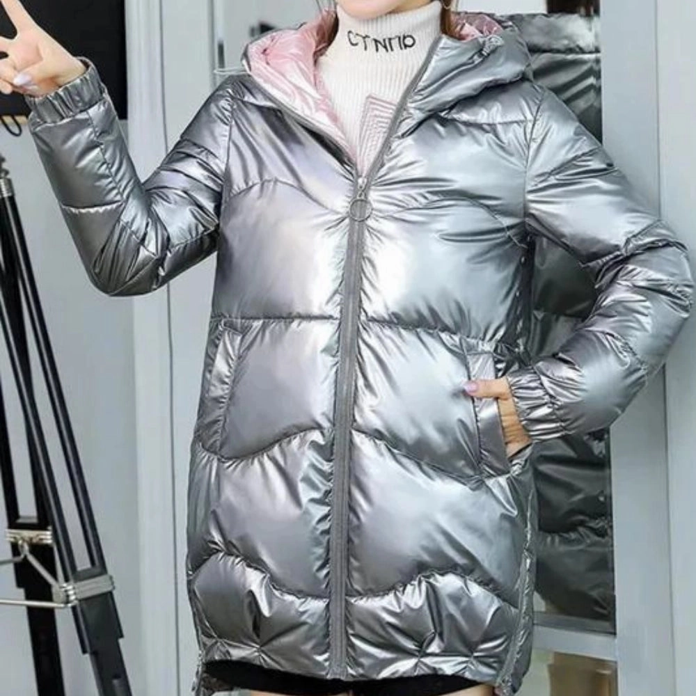 Women's Metallic Blue Hooded Puffer Jacket - Insulated, Lightweight