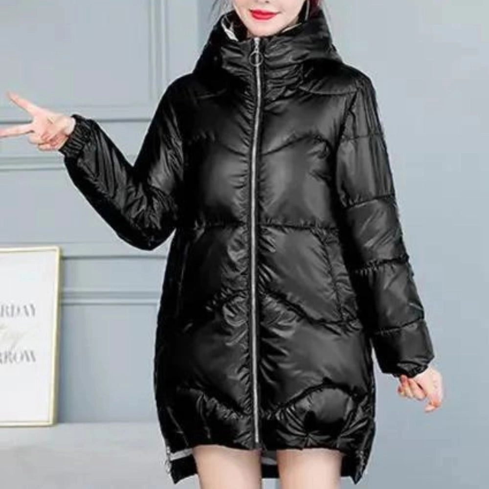 Women's Metallic Blue Hooded Puffer Jacket - Insulated, Lightweight