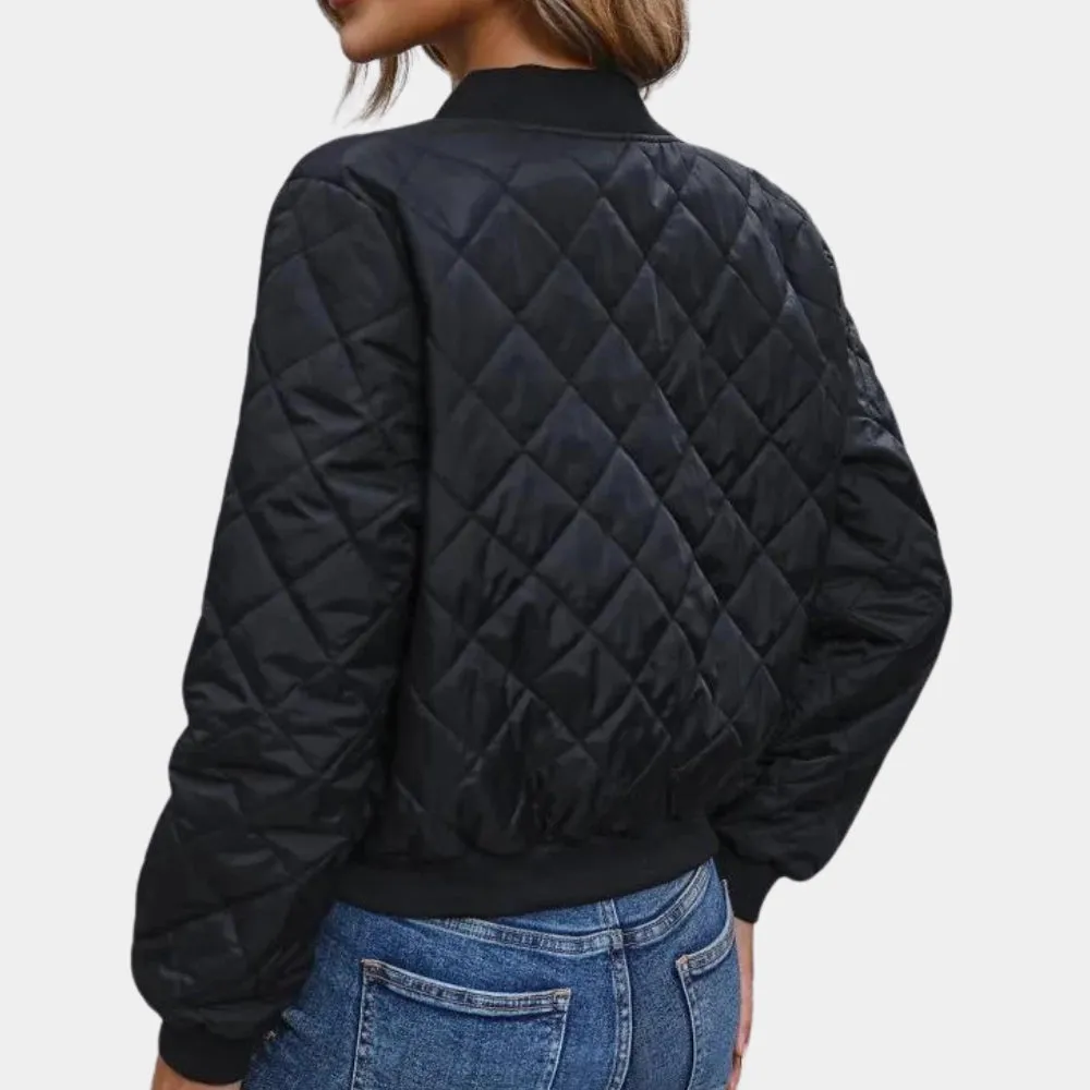 Women's Black Quilted Bomber Jacket - Lightweight Fall Zip-Up