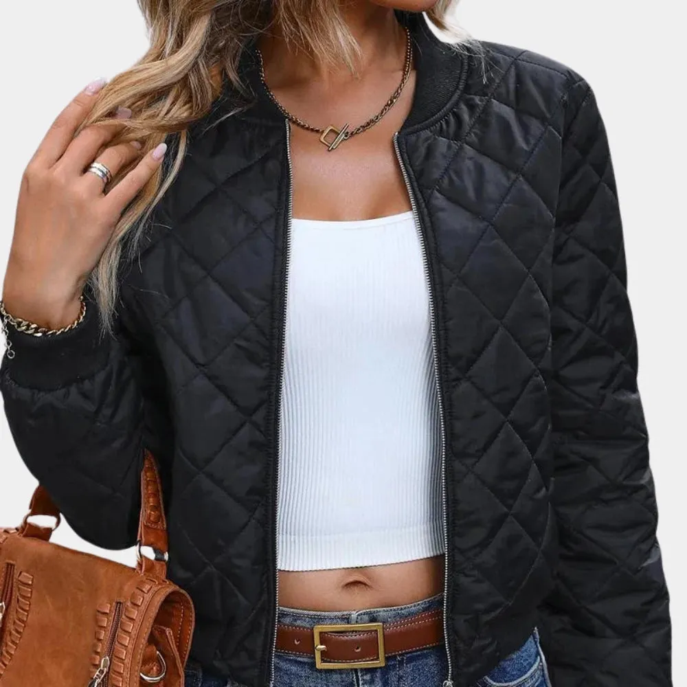 Women's Black Quilted Bomber Jacket - Lightweight Fall Zip-Up