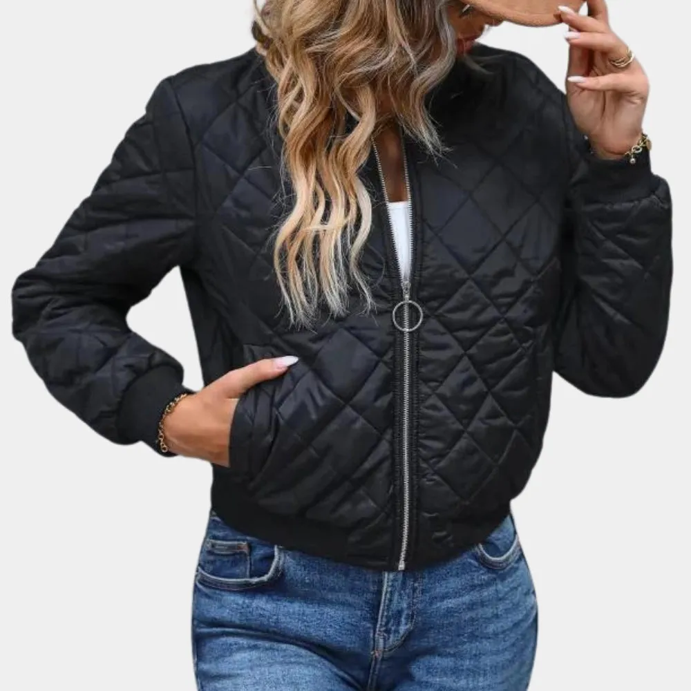 Women's Black Quilted Bomber Jacket - Lightweight Fall Zip-Up