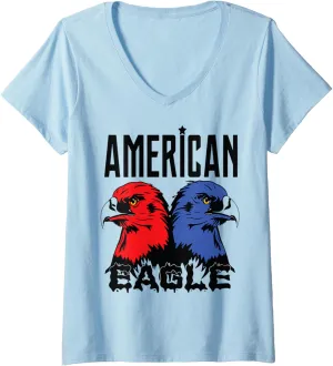 Womens Funny Twin American Eagles, American Flag, american birds V-Neck T-Shirt