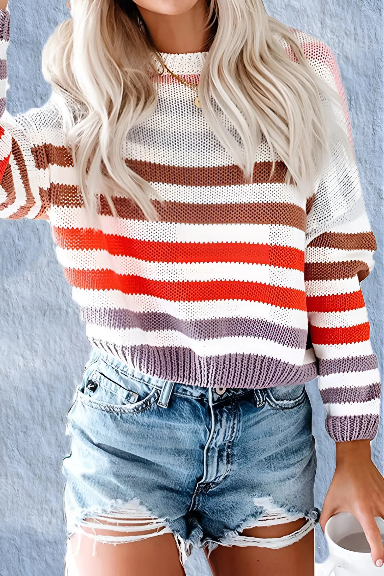 Women's Pastel Striped Knit Crew Neck Lightweight Sweater