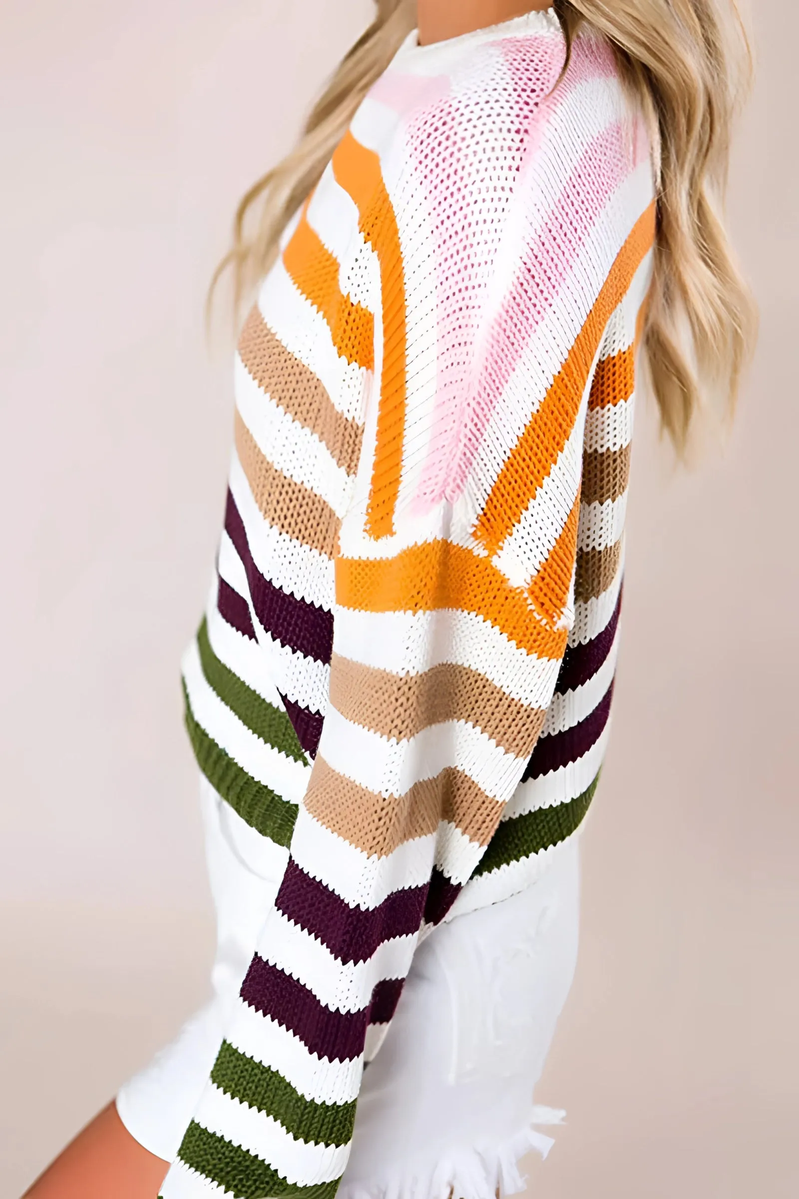 Women's Pastel Striped Knit Crew Neck Lightweight Sweater