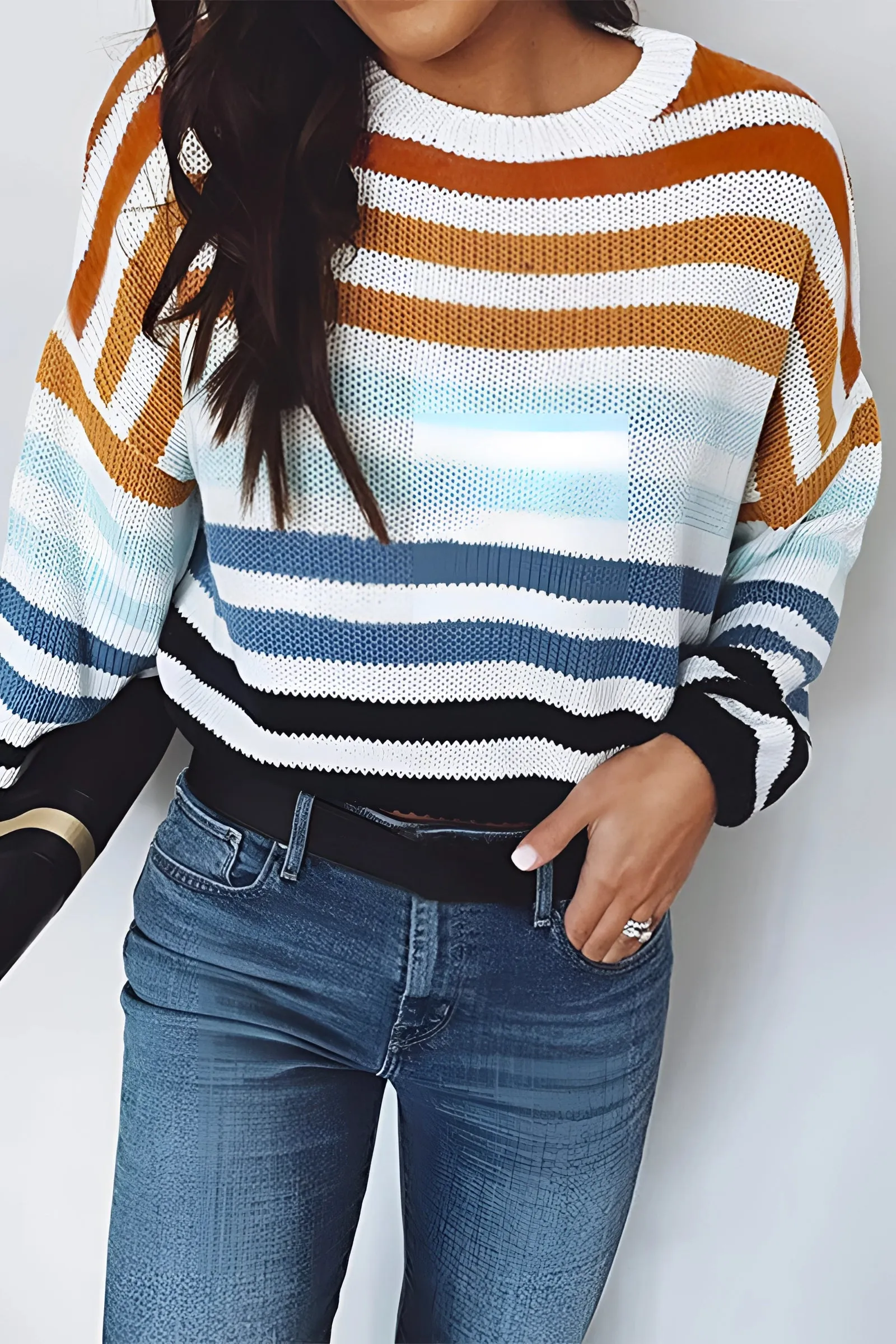 Women's Pastel Striped Knit Crew Neck Lightweight Sweater