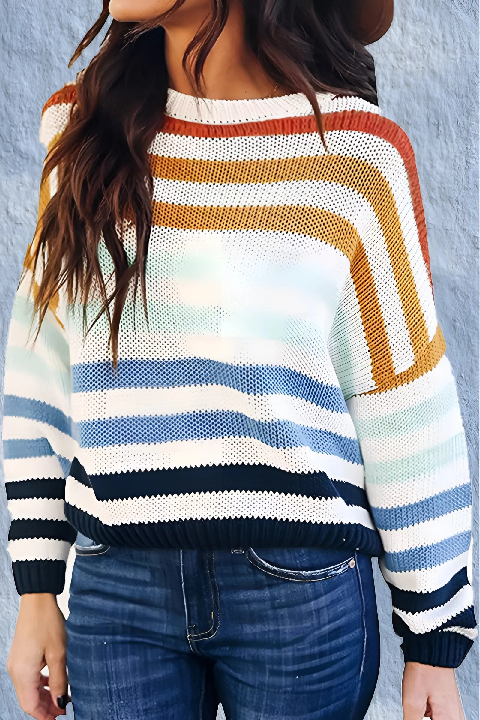Women's Pastel Striped Knit Crew Neck Lightweight Sweater