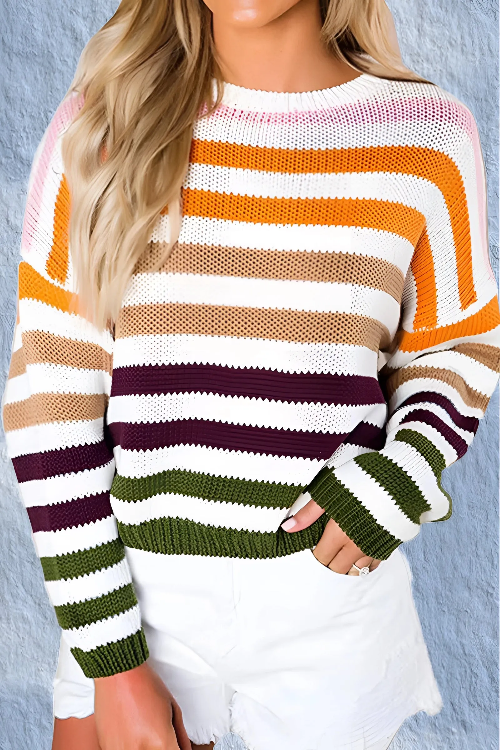 Women's Pastel Striped Knit Crew Neck Lightweight Sweater