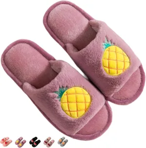 Women's Strawberry Slippers Non-Slip Indoor House Shoes Cute Fruit Plush Cozy Open Toe Cotton Bedroom Home Slippers with Memory Foam Lightweight Travel Portable