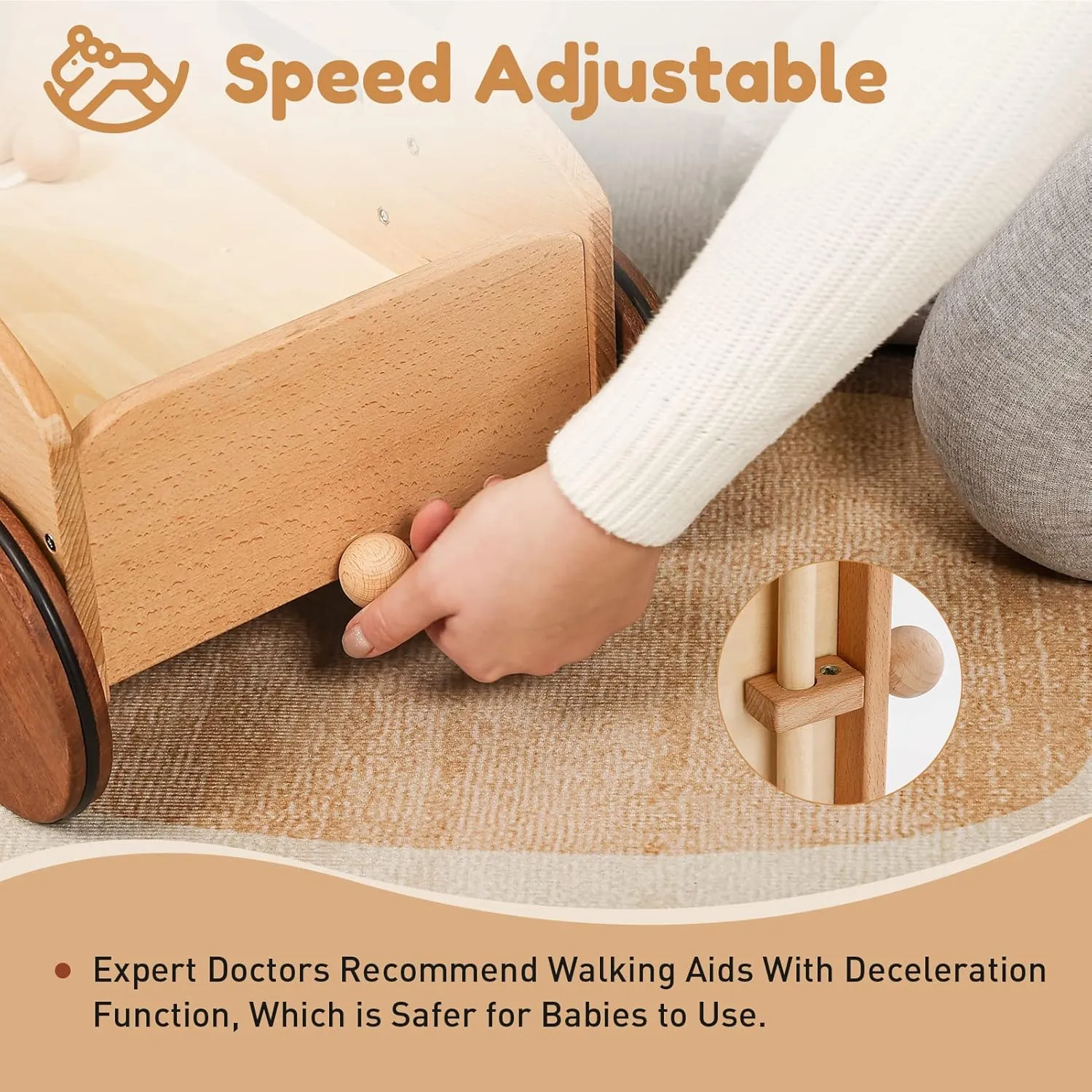 Wooden Baby Walker, Adjustable Speed Baby Push Walker, Montessori Push Toys for Babies Learning to Walk, Educational Walking Toys Gift for Toddler Boys Girls 1 2 3 Years Old