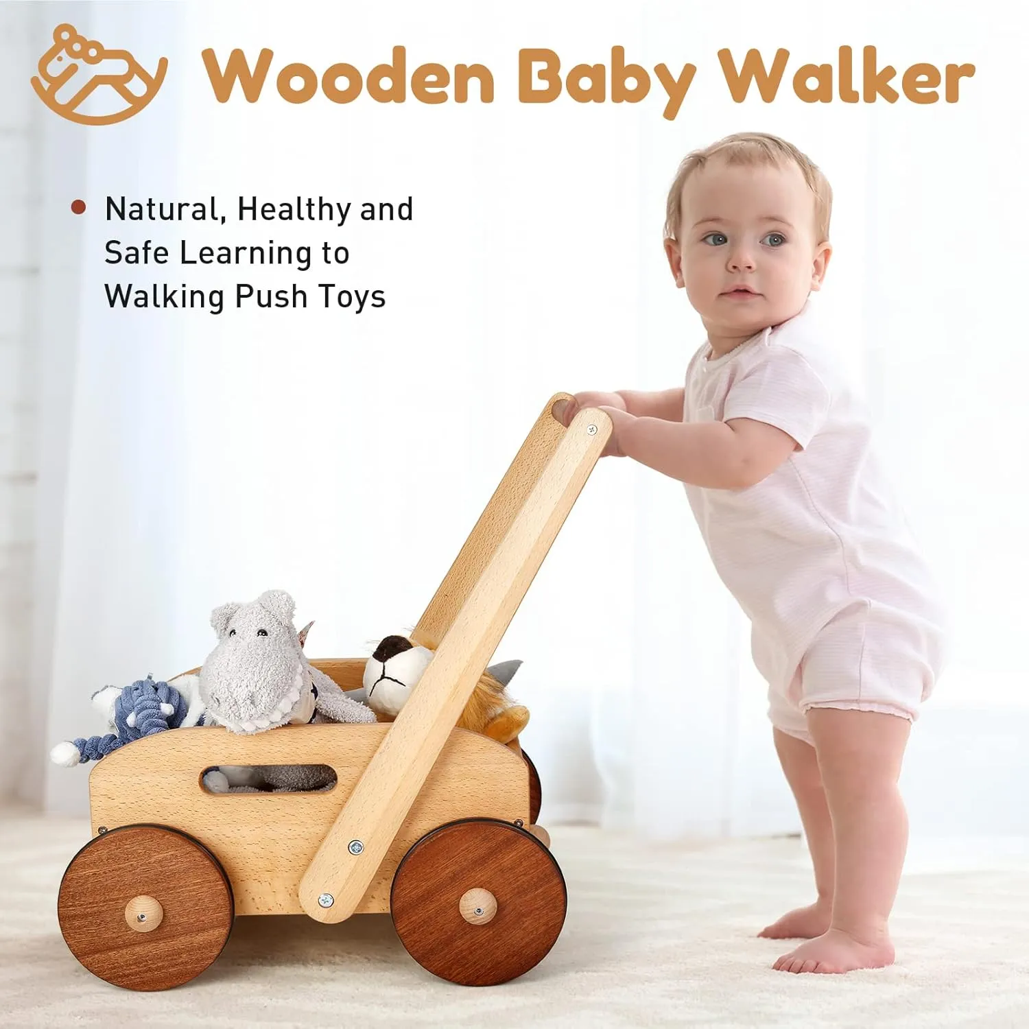 Wooden Baby Walker, Adjustable Speed Baby Push Walker, Montessori Push Toys for Babies Learning to Walk, Educational Walking Toys Gift for Toddler Boys Girls 1 2 3 Years Old
