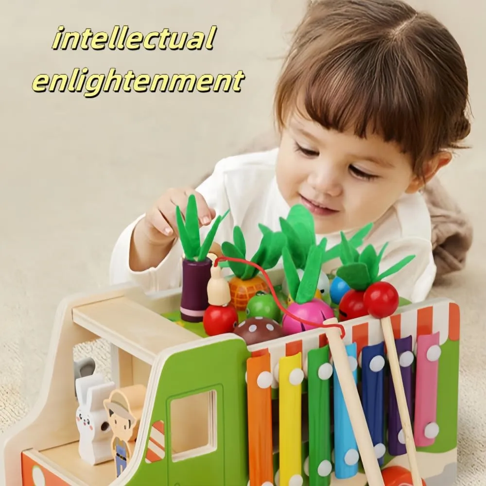 Wooden Multi-Functional Fruit and Vegetable Cart, Hammer Xylophone Toy Sorting and Stacking Toys, Wooden Montessori Toys for 3-6 Year Old, Children's Day Gift