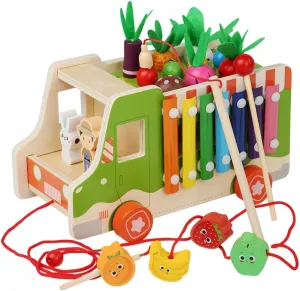 Wooden Multi-Functional Fruit and Vegetable Cart, Hammer Xylophone Toy Sorting and Stacking Toys, Wooden Montessori Toys for 3-6 Year Old, Children's Day Gift