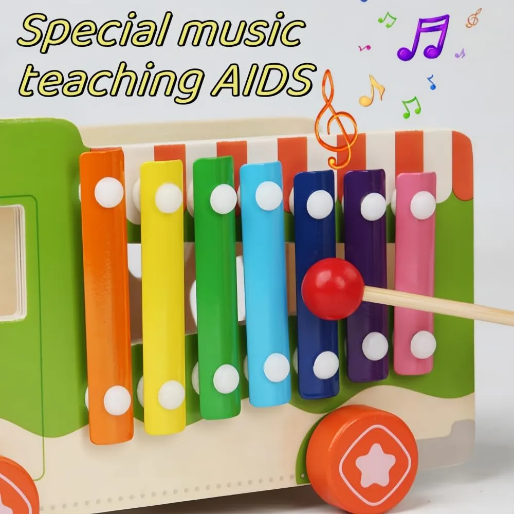 Wooden Multi-Functional Fruit and Vegetable Cart, Hammer Xylophone Toy Sorting and Stacking Toys, Wooden Montessori Toys for 3-6 Year Old, Children's Day Gift