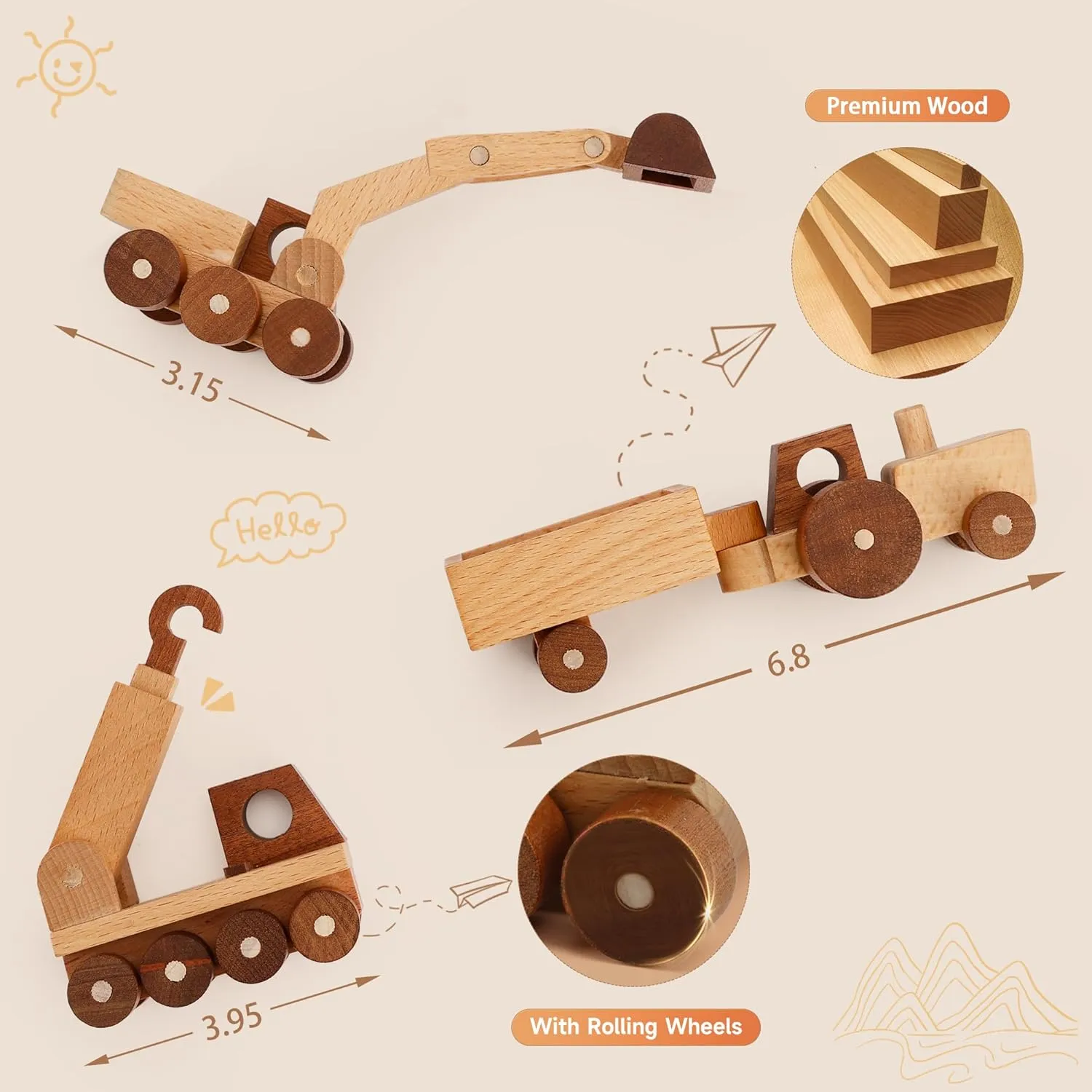 Wooden Toy Construction Vehicle Set of 3, Toddler Montessori Toys Crane Tractor Trailer Excavator Toy Cars with Rolling Wheels, Kids Construction Toys Educational Gift for Boys and Girls