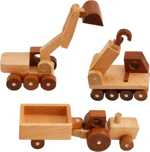 Wooden Toy Construction Vehicle Set of 3, Toddler Montessori Toys Crane Tractor Trailer Excavator Toy Cars with Rolling Wheels, Kids Construction Toys Educational Gift for Boys and Girls