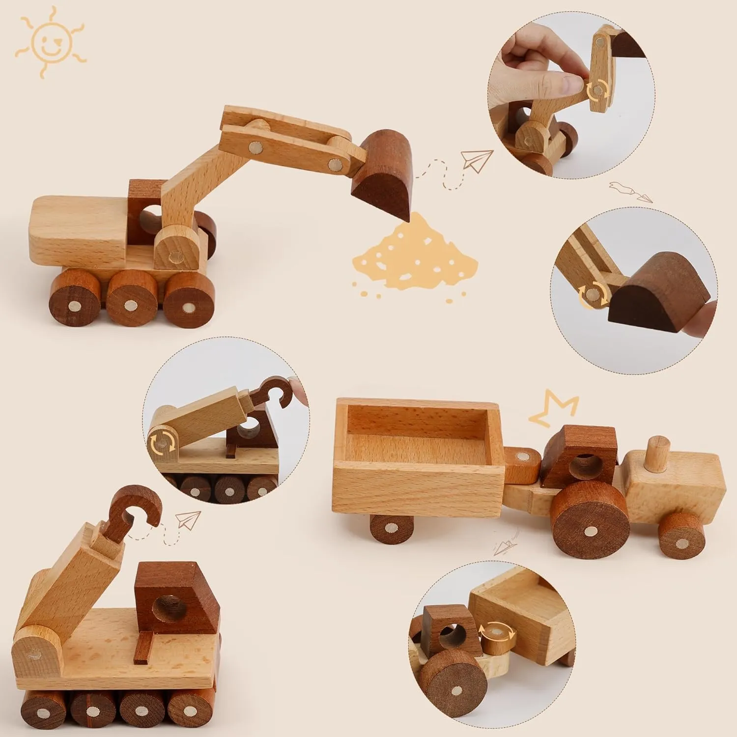 Wooden Toy Construction Vehicle Set of 3, Toddler Montessori Toys Crane Tractor Trailer Excavator Toy Cars with Rolling Wheels, Kids Construction Toys Educational Gift for Boys and Girls