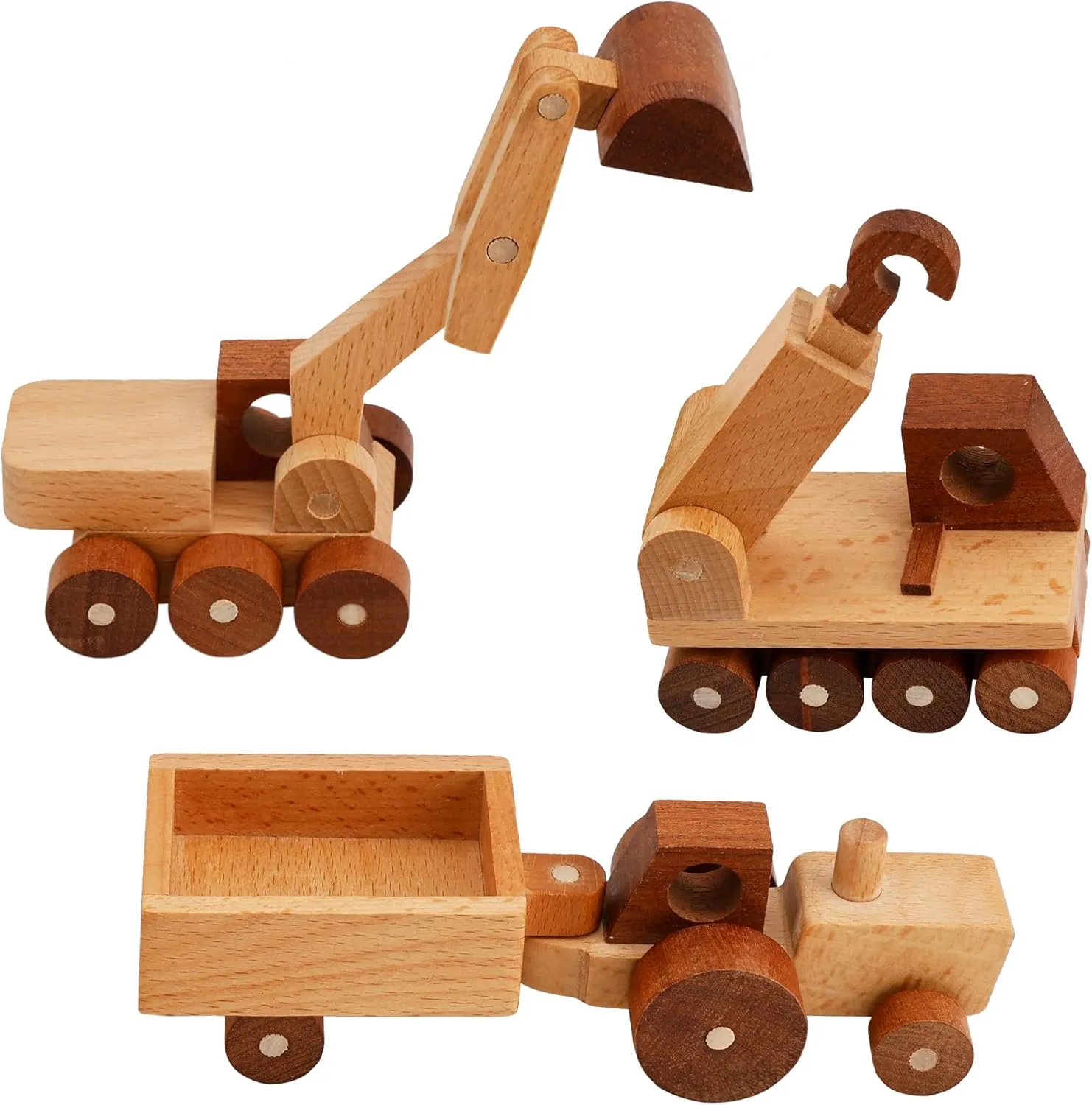 Wooden Toy Construction Vehicle Set of 3, Toddler Montessori Toys Crane Tractor Trailer Excavator Toy Cars with Rolling Wheels, Kids Construction Toys Educational Gift for Boys and Girls