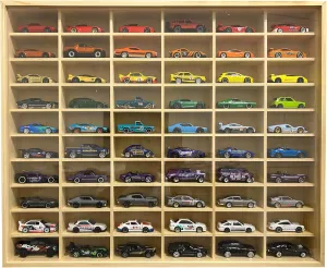 Wooden Wall Mount Display Case for Hot Wheels, with Dust Resistant Door, Matchbox 1/64 Scale Diecast Model Cars Display Storage Organizer Case, Stores up to 60 Cars