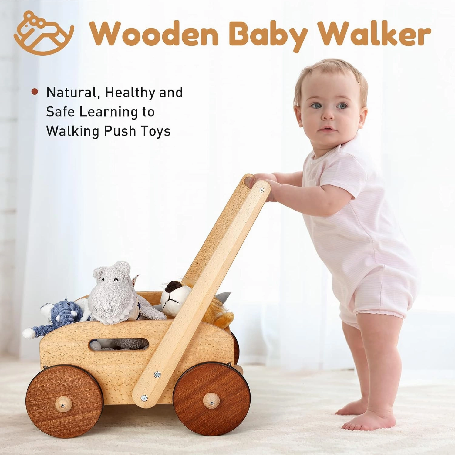 Wooden Baby Walker, Adjustable Speed Baby Push Walker, Montessori Push Toys for Babies Learning to Walk, Educational Walking Toys Gift for Toddler Boys Girls 1 2 3 Years Old