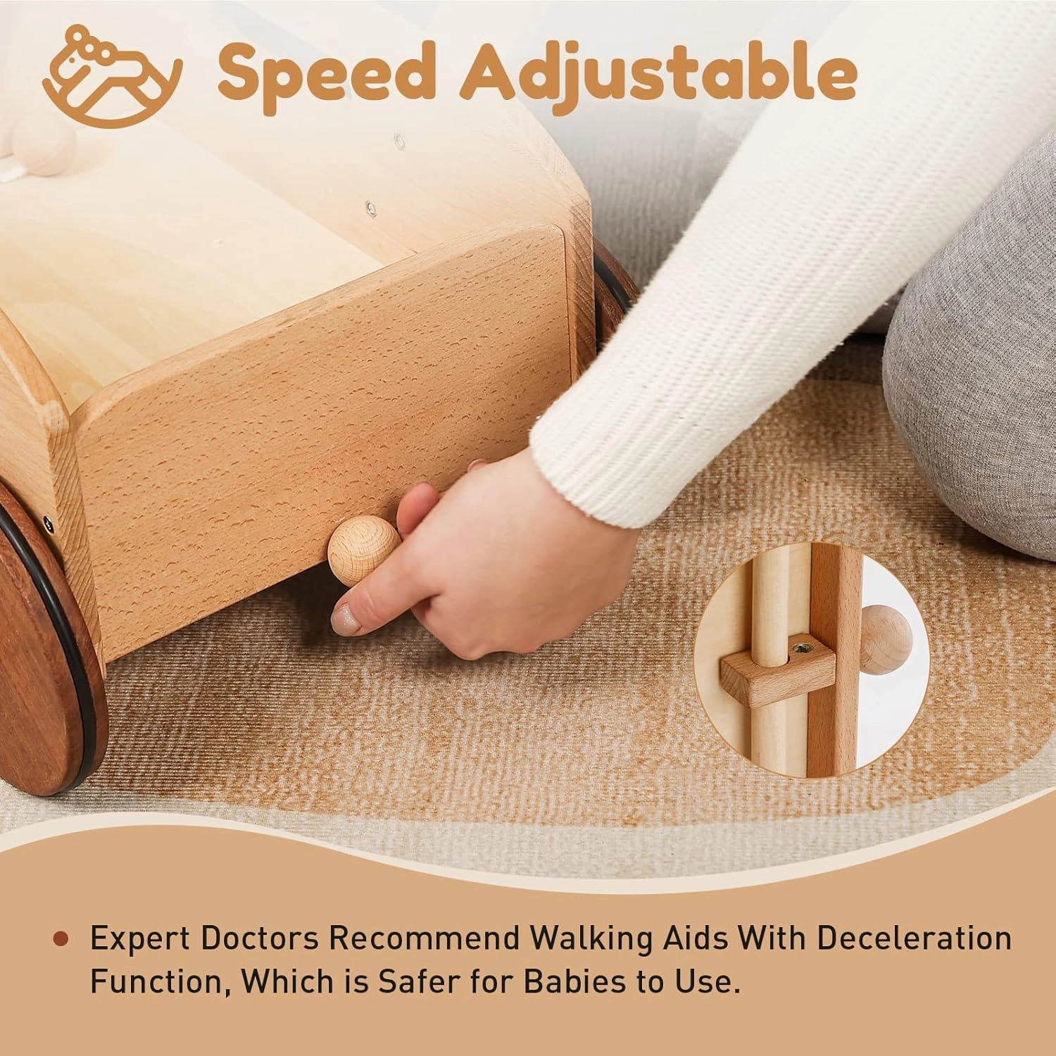 Wooden Baby Walker, Adjustable Speed Baby Push Walker, Montessori Push Toys for Babies Learning to Walk, Educational Walking Toys Gift for Toddler Boys Girls 1 2 3 Years Old