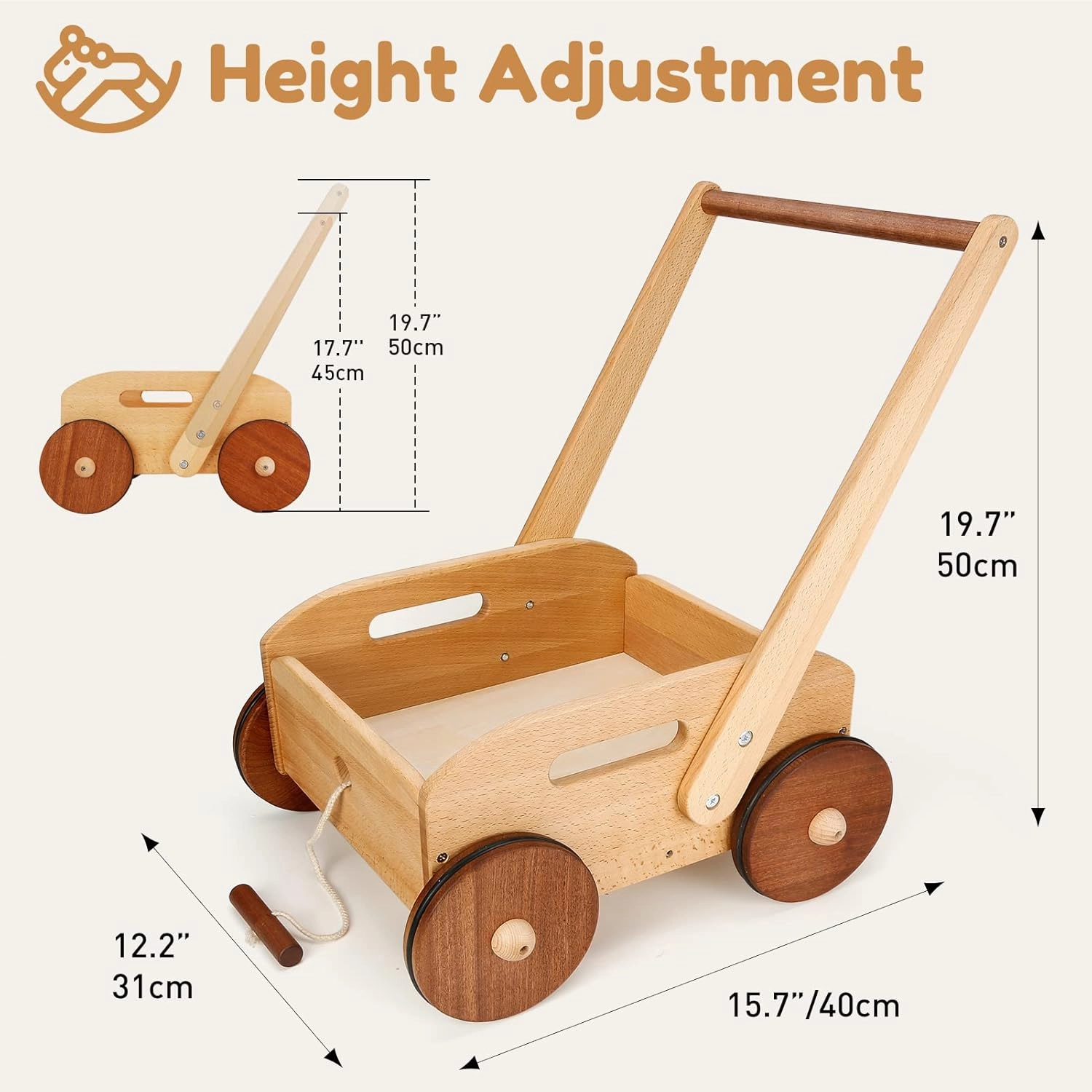 Wooden Baby Walker, Adjustable Speed Baby Push Walker, Montessori Push Toys for Babies Learning to Walk, Educational Walking Toys Gift for Toddler Boys Girls 1 2 3 Years Old