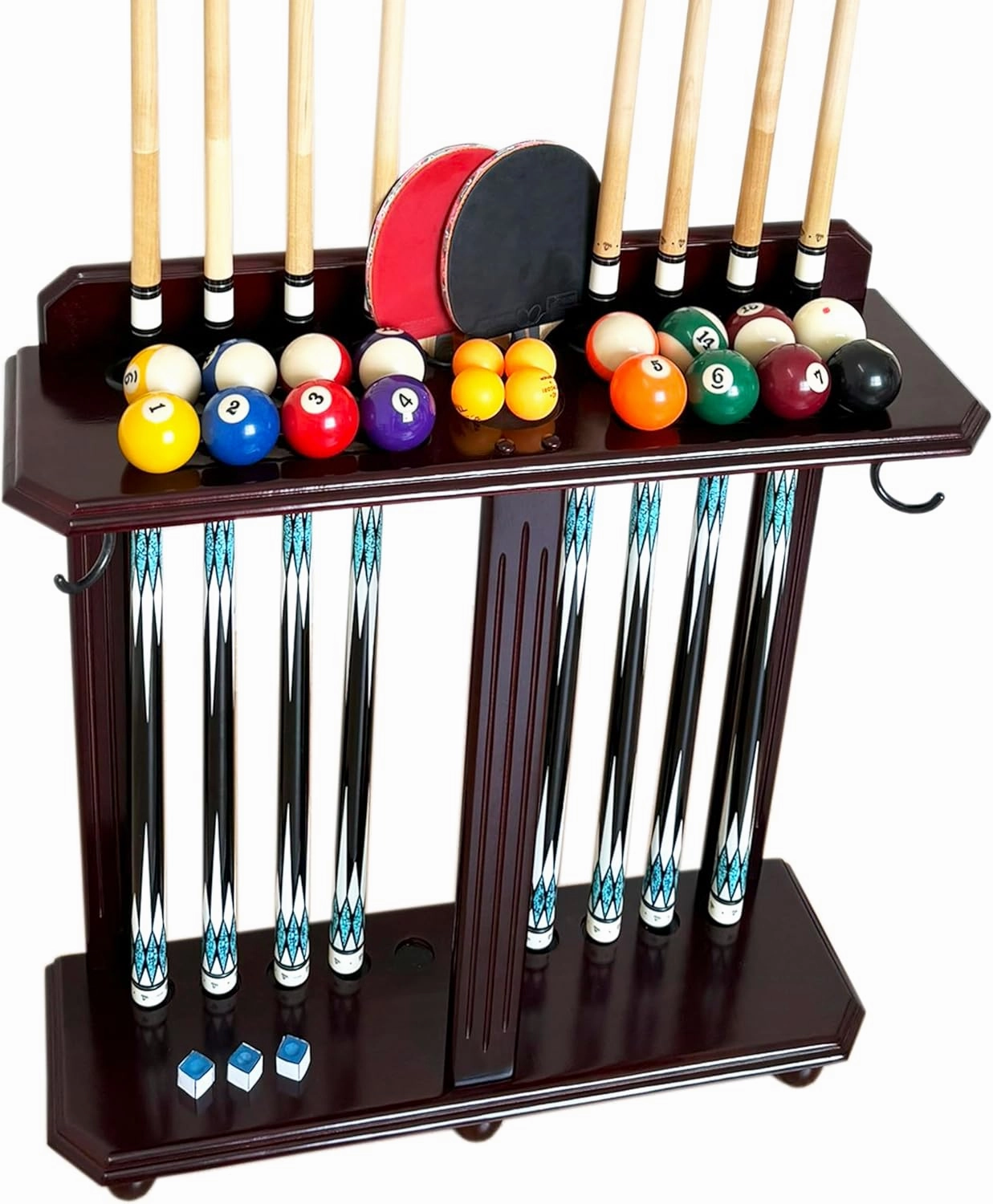 Wooden Billiard Cue Rack Hold up to 10 Pool Cue Sticks, Pool Cue Stick Holder, Floor Stand Pool Cue Holder for Billiard Game Room (Dark Mahogany)