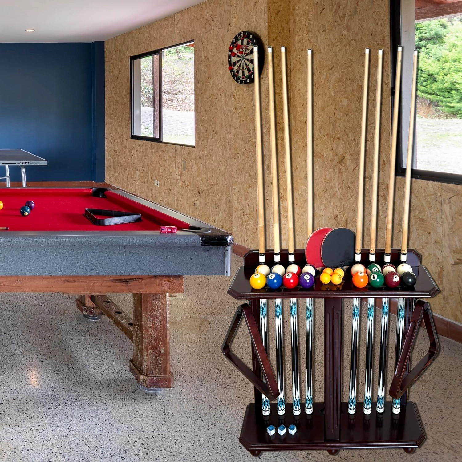 Wooden Billiard Cue Rack Hold up to 10 Pool Cue Sticks, Pool Cue Stick Holder, Floor Stand Pool Cue Holder for Billiard Game Room (Dark Mahogany)