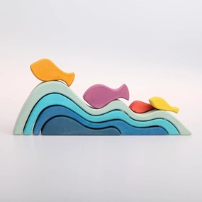 Wooden Rainbow Stacking Toy, Wave Little Fish Blocks，Learning Educational Toys for Toddlers