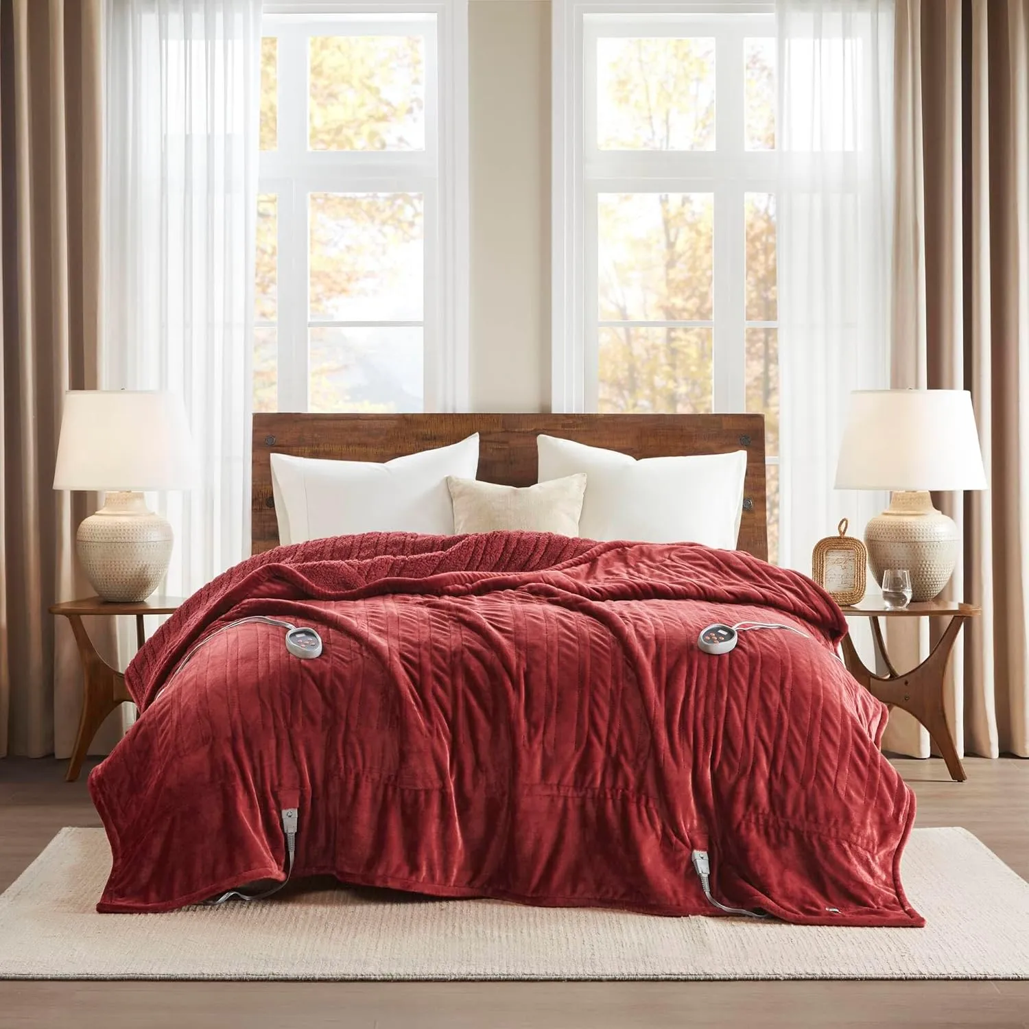 Woolrich Heated Plush to Berber Electric Blanket Throw Ultra Soft Knitted, Super Warm and Snuggly Cozy with Auto Shut Off and Multi Heat Level Setting Controllers, King: 100x90, Garnet