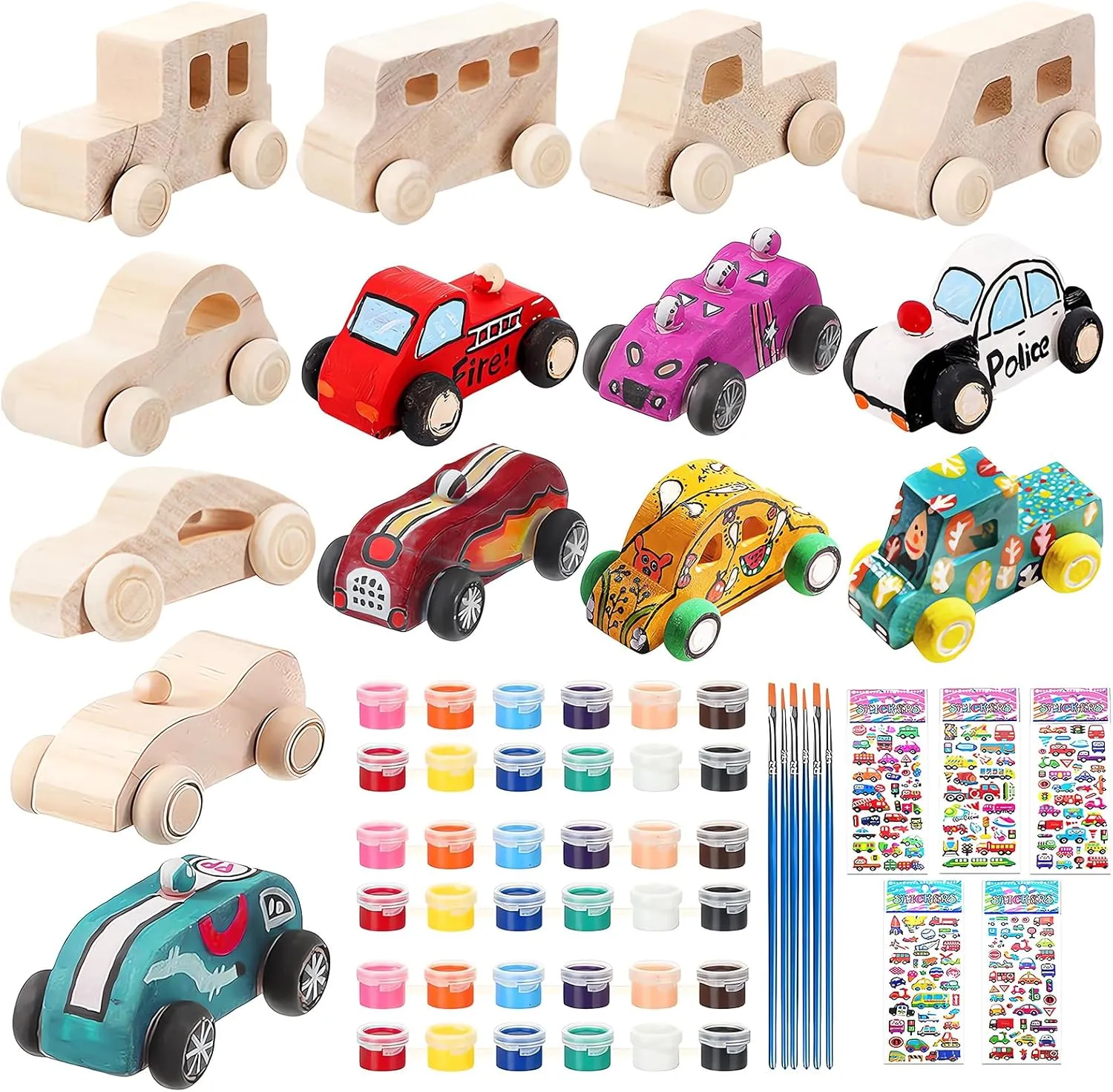 WOWOSS 14 Pcs Wooden Cars to Paint, Unfinished Craft Toys for Students, Race Car Party Favors, With 3 Sets of Paint & 5 Car Sticker Sheets