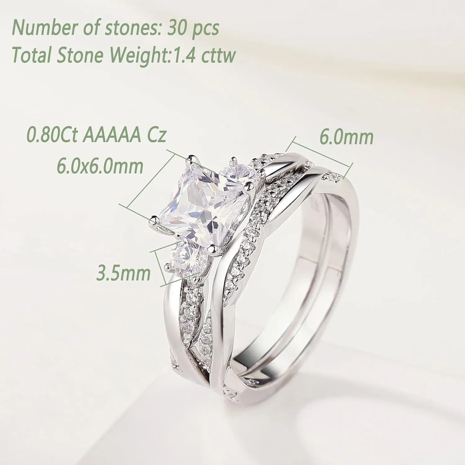Wuziwen 1 Carat Wedding Infinity Band Bridal Ring Sets Princess AAAAA CZ Sterling Silver Size 5-10