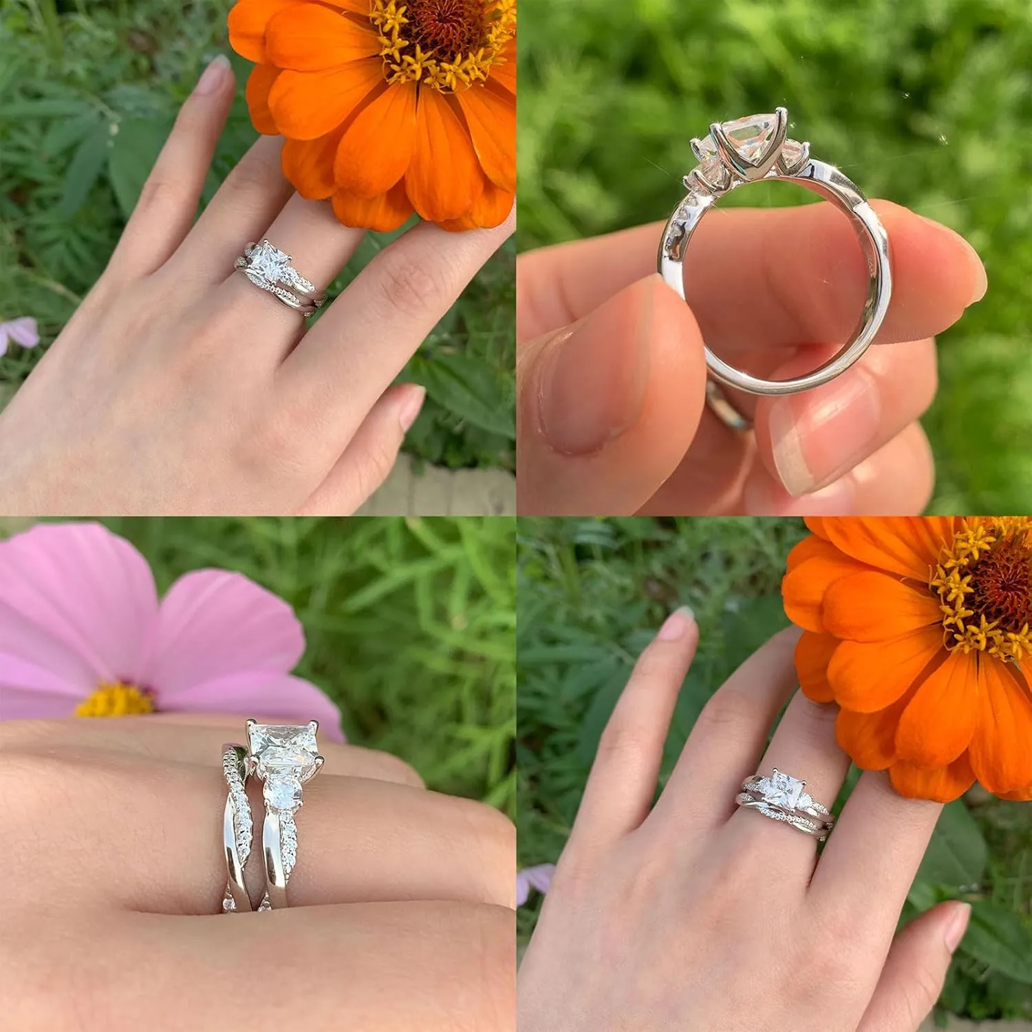 Wuziwen 1 Carat Wedding Infinity Band Bridal Ring Sets Princess AAAAA CZ Sterling Silver Size 5-10