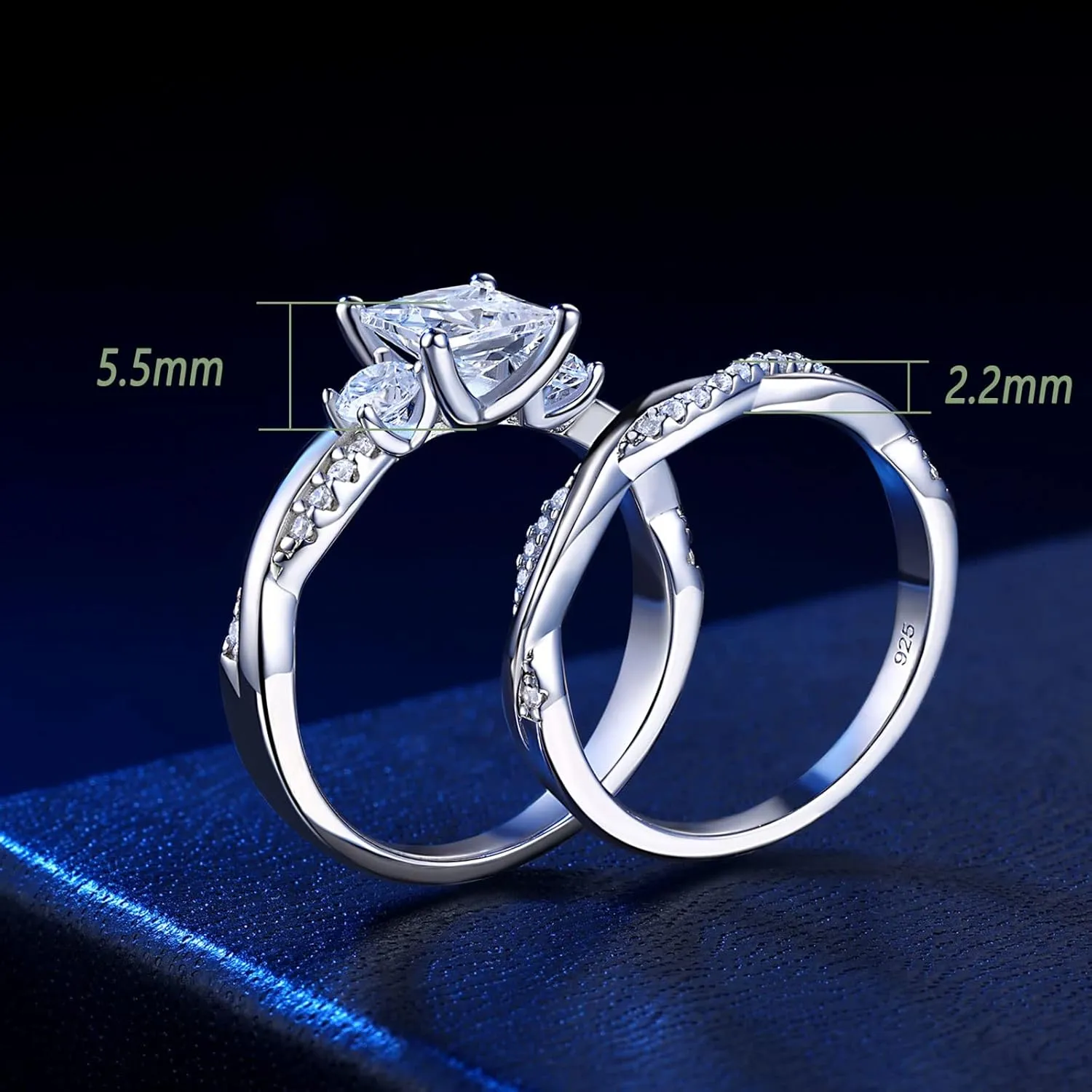 Wuziwen 1 Carat Wedding Infinity Band Bridal Ring Sets Princess AAAAA CZ Sterling Silver Size 5-10