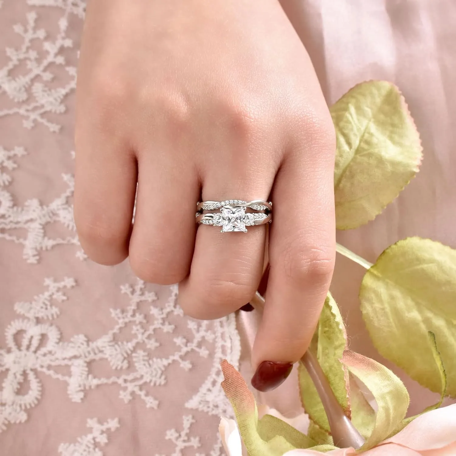 Wuziwen 1 Carat Wedding Infinity Band Bridal Ring Sets Princess AAAAA CZ Sterling Silver Size 5-10