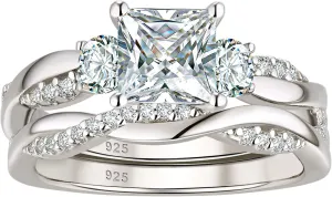 Wuziwen 1 Carat Wedding Infinity Band Bridal Ring Sets Princess AAAAA CZ Sterling Silver Size 5-10