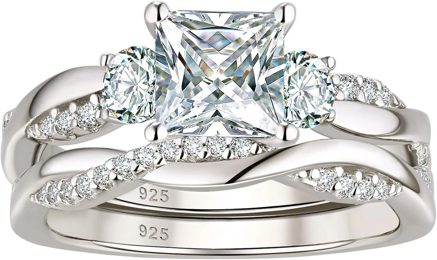 Wuziwen 1 Carat Wedding Infinity Band Bridal Ring Sets Princess AAAAA CZ Sterling Silver Size 5-10