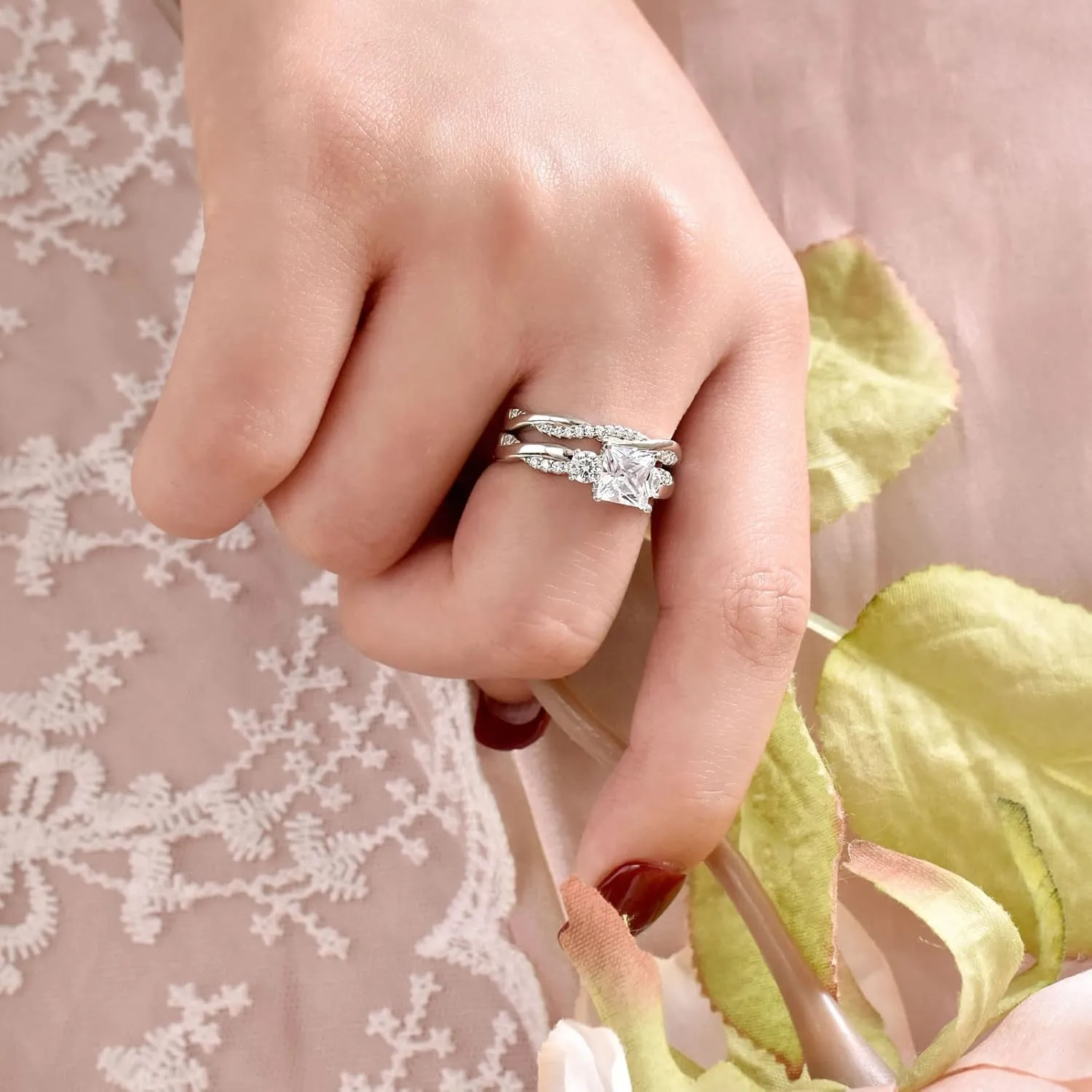 Wuziwen 1 Carat Wedding Infinity Band Bridal Ring Sets Princess AAAAA CZ Sterling Silver Size 5-10