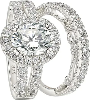 Wuziwen 4 Carats Oval Cut Wedding Engagement Rings for Women 925 Sterling Silver Ring Sets for Her Cubic Zirconia